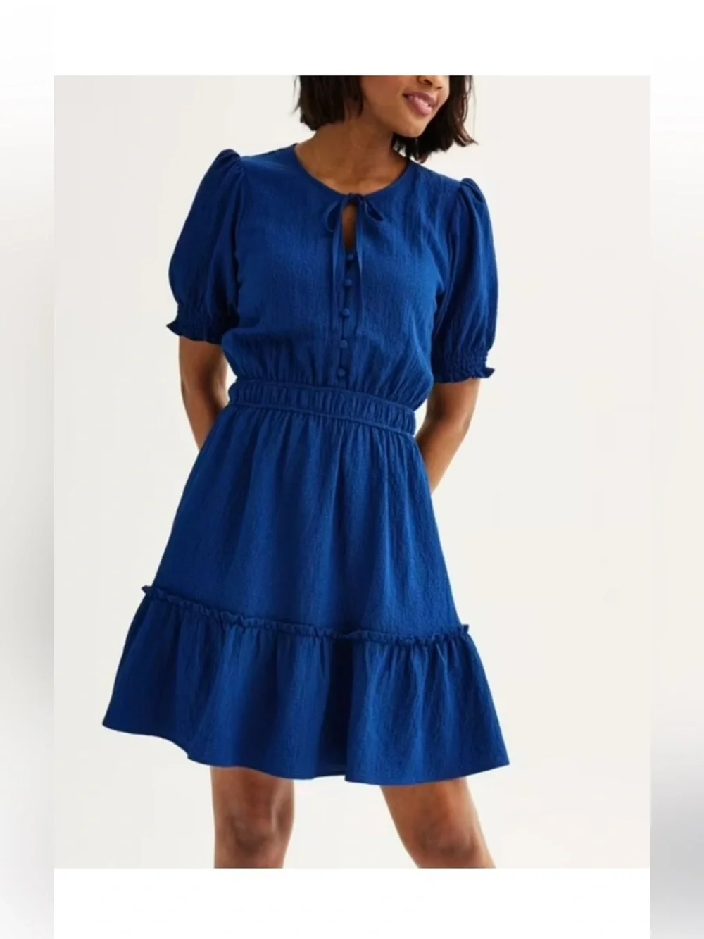 NWT Draper James sz Small Textured Blue Tie-Neck Mini Dress puff short sleeve